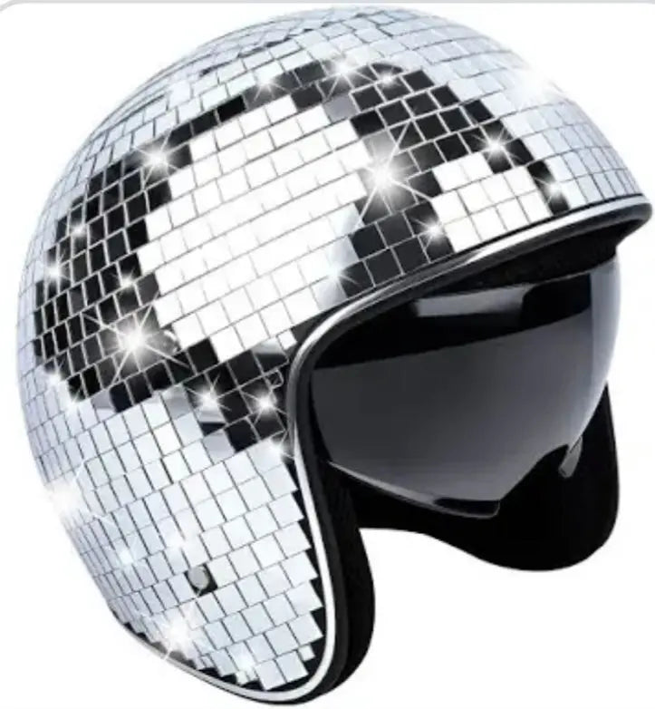 Disco ball helmet with reflective surface on a white background