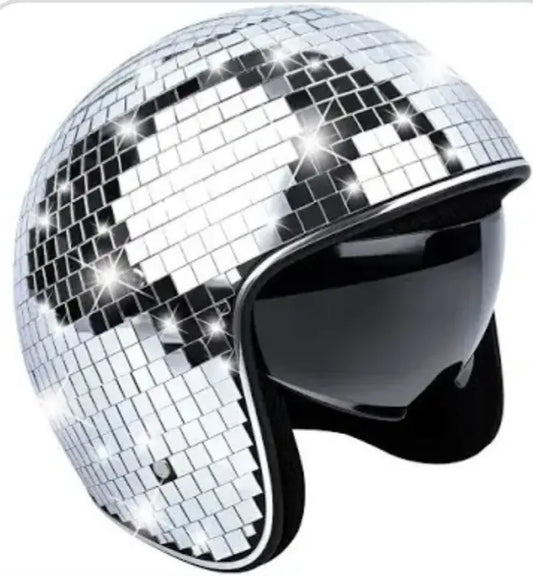 Disco ball helmet with reflective surface on a white background