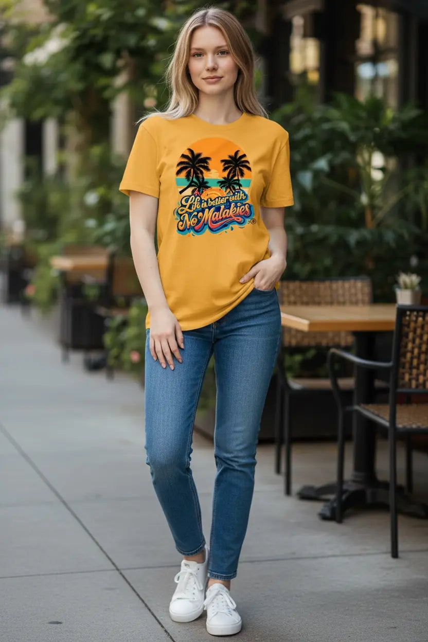 Woman wearing a yellow t-shirt with palm tree design in an outdoor setting