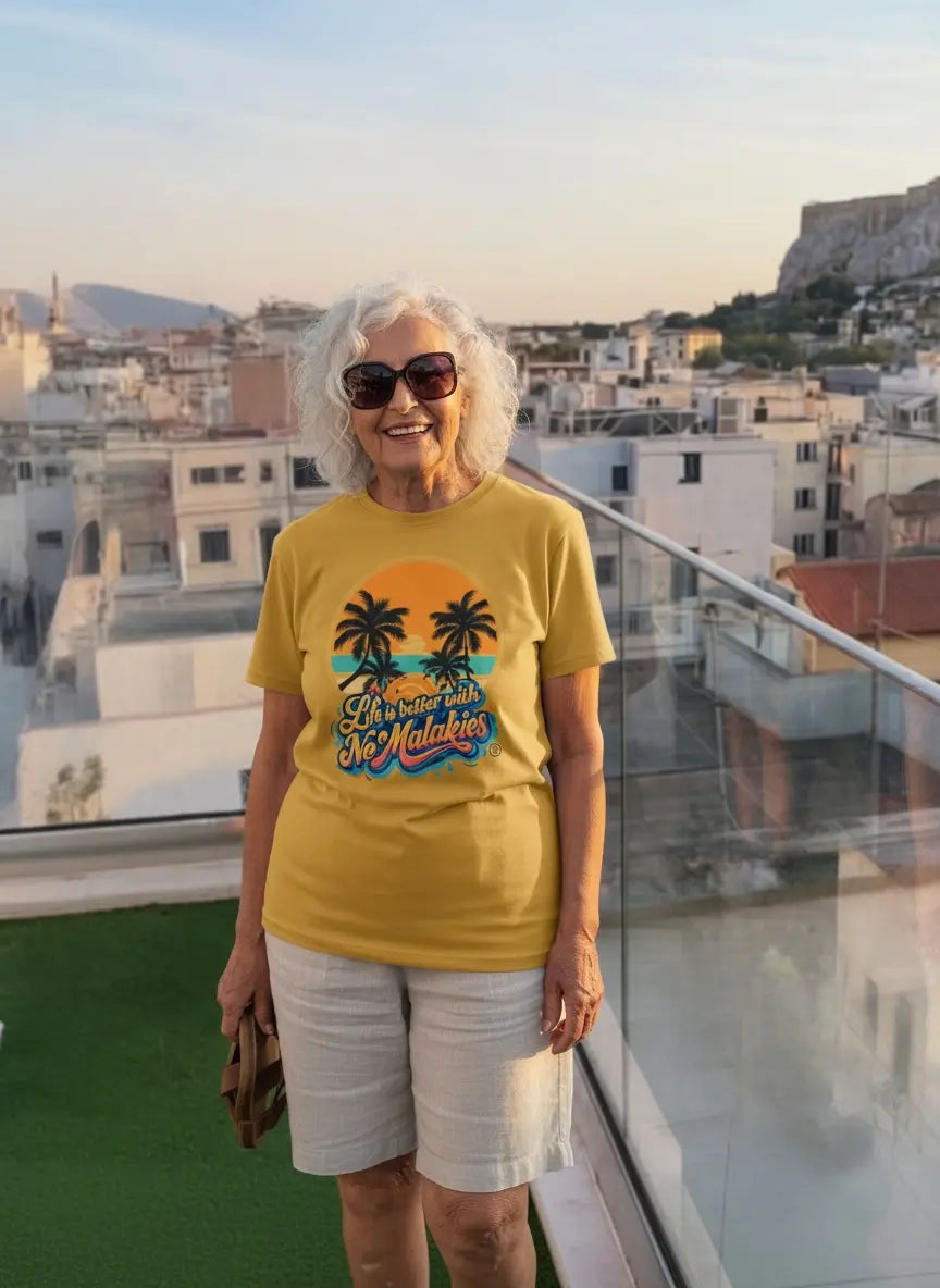 Woman wearing a yellow t-shirt with a palm tree design on a rooftop with a cityscape in the background.
