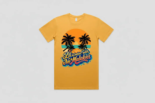 Yellow t-shirt with a tropical graphic and text on a light gray background